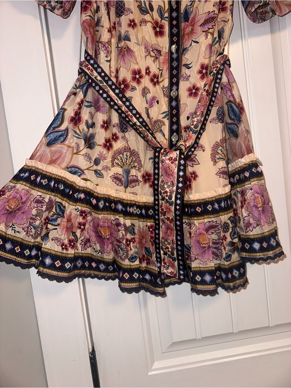 Farm Rio Size Small Floral Cotton-Blend Short Dress with BeadedBelt - Pink Flora - Picture 7 of 14
